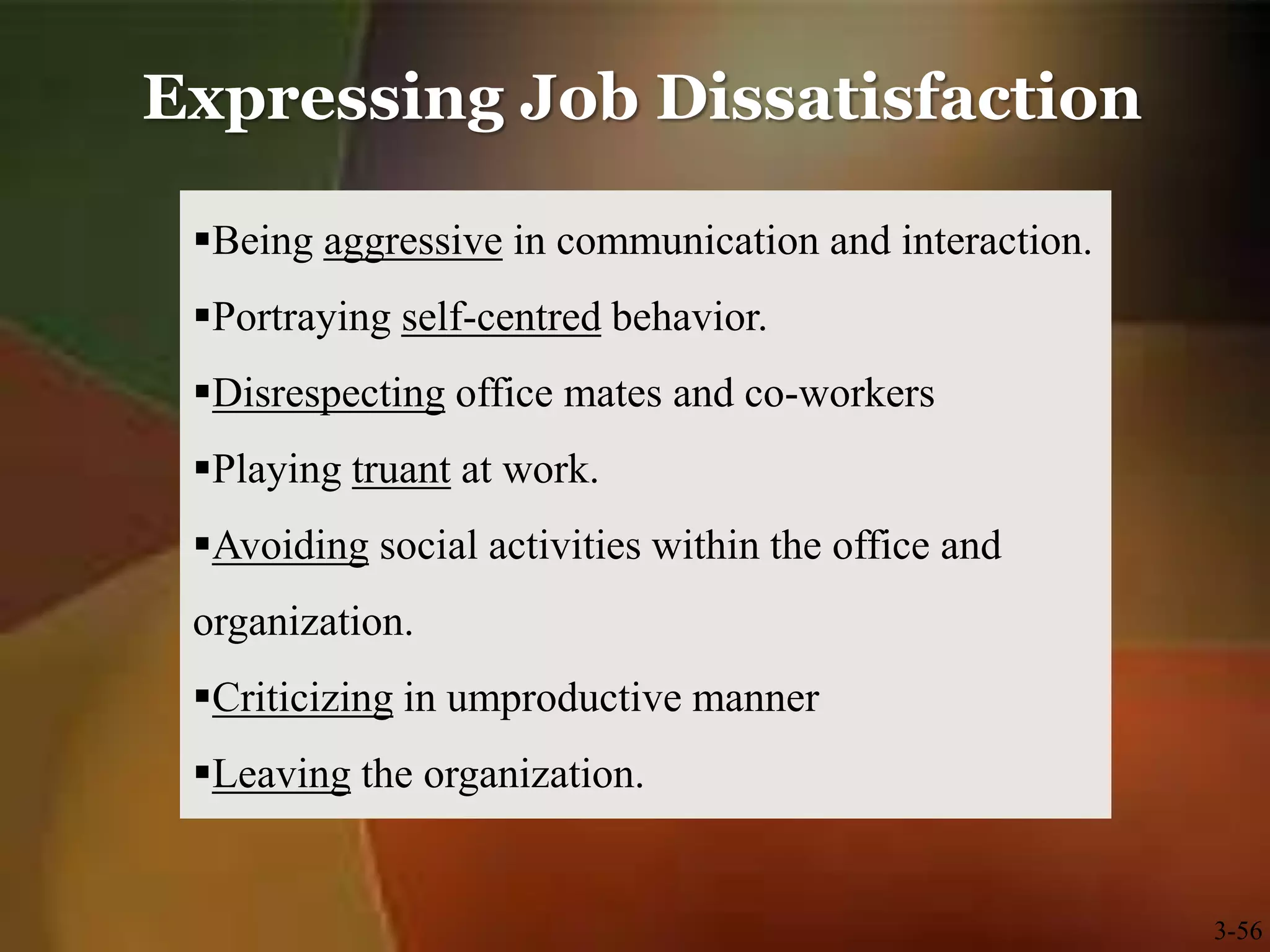 Expressing Job Dissatisfaction
3-56
Being aggressive in communication and interaction.
Portraying self-centred behavior.
Disrespecting office mates and co-workers
Playing truant at work.
Avoiding social activities within the office and
organization.
Criticizing in umproductive manner
Leaving the organization.
 