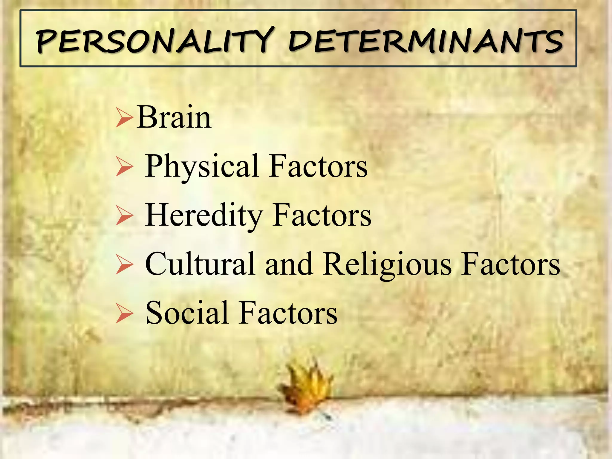 PERSONALITY DETERMINANTS
Brain
 Physical Factors
 Heredity Factors
 Cultural and Religious Factors
 Social Factors
 