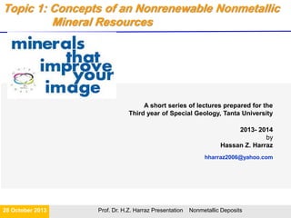 Nonmetallic Mineral Deposits
Prof. Dr. H.Z. Harraz Presentation - Nonmetallic Deposits
To Final Product
From raw material
Hassan Z. Harraz
hharraz2006@yahoo.com
2015- 2016
 