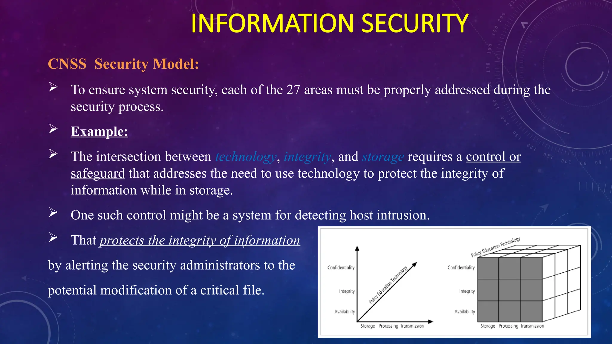 INFORMATION SECURITY
CNSS Security Model:
 To ensure system security, each of the 27 areas must be properly addressed during the
security process.
 Example:
 The intersection between technology, integrity, and storage requires a control or
safeguard that addresses the need to use technology to protect the integrity of
information while in storage.
 One such control might be a system for detecting host intrusion.
 That protects the integrity of information
by alerting the security administrators to the
potential modification of a critical file.
 