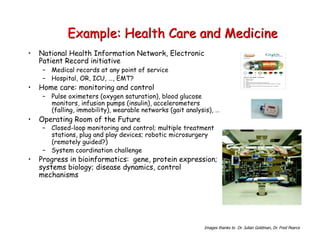 Example: Health Care and Medicine
• National Health Information Network, Electronic
Patient Record initiative
– Medical records at any point of service
– Hospital, OR, ICU, …, EMT?
• Home care: monitoring and control
– Pulse oximeters (oxygen saturation), blood glucose
monitors, infusion pumps (insulin), accelerometers
(falling, immobility), wearable networks (gait analysis), …
• Operating Room of the Future
– Closed-loop monitoring and control; multiple treatment
stations, plug and play devices; robotic microsurgery
(remotely guided?)
– System coordination challenge
• Progress in bioinformatics: gene, protein expression;
systems biology; disease dynamics, control
mechanisms
Images thanks to Dr. Julian Goldman, Dr. Fred Pearce
 