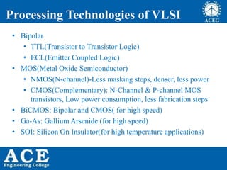 Processing Technologies of VLSI
• Bipolar
• TTL(Transistor to Transistor Logic)
• ECL(Emitter Coupled Logic)
• MOS(Metal Oxide Semiconductor)
• NMOS(N-channel)-Less masking steps, denser, less power
• CMOS(Complementary): N-Channel & P-channel MOS
transistors, Low power consumption, less fabrication steps
• BiCMOS: Bipolar and CMOS( for high speed)
• Ga-As: Gallium Arsenide (for high speed)
• SOI: Silicon On Insulator(for high temperature applications)
 