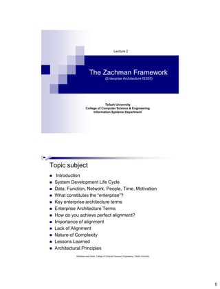 1
The Zachman Framework
(Enterprise Architecture IS353)
Lecture 2
Taibah University
College of Computer Science & Engineering
Information Systems Department
Topic subject
 Introduction
 System Development Life Cycle
 Data, Function, Network, People, Time, Motivation
 What constitutes the “enterprise”?
 Key enterprise architecture terms
 Enterprise Architecture Terms
 How do you achieve perfect alignment?
 Importance of alignment
 Lack of Alignment
 Nature of Complexity
 Lessons Learned
 Architectural Principles
Abdisalam Issa-Salwe, College of Computer Science & Engineering, Taibah University
 