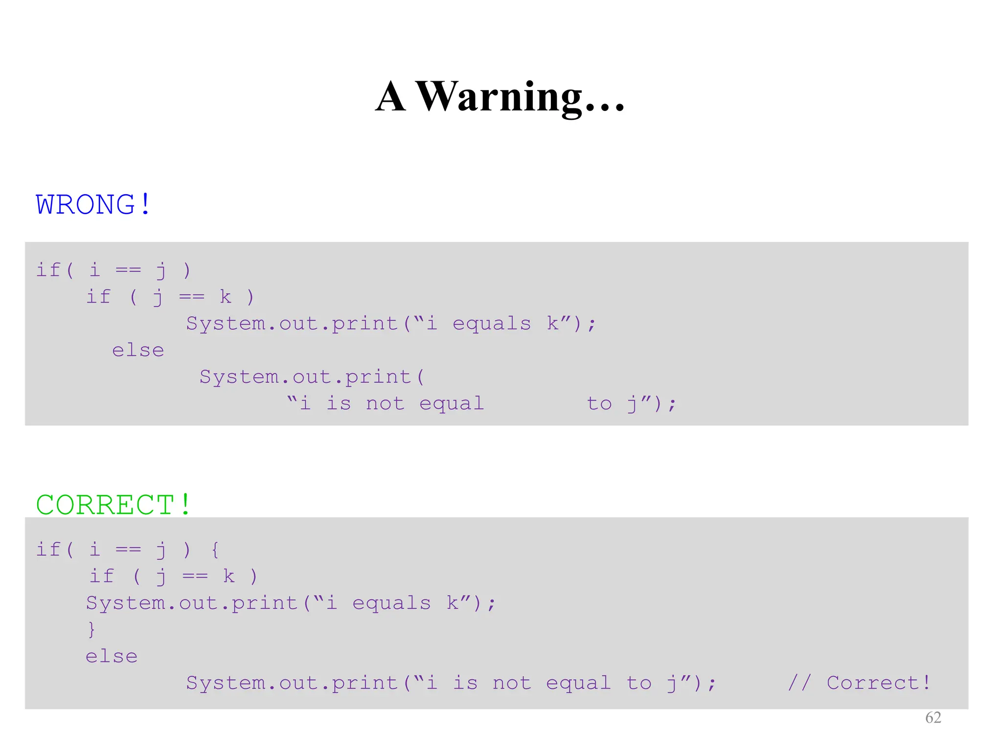 A Warning… WRONG! CORRECT! if( i == j ) if ( j == k ) System.out.print(“i equals k”); else System.out.print( “i is not equal to j”); if( i == j ) { if ( j == k ) System.out.print(“i equals k”); } else System.out.print(“i is not equal to j”); // Correct! 62 