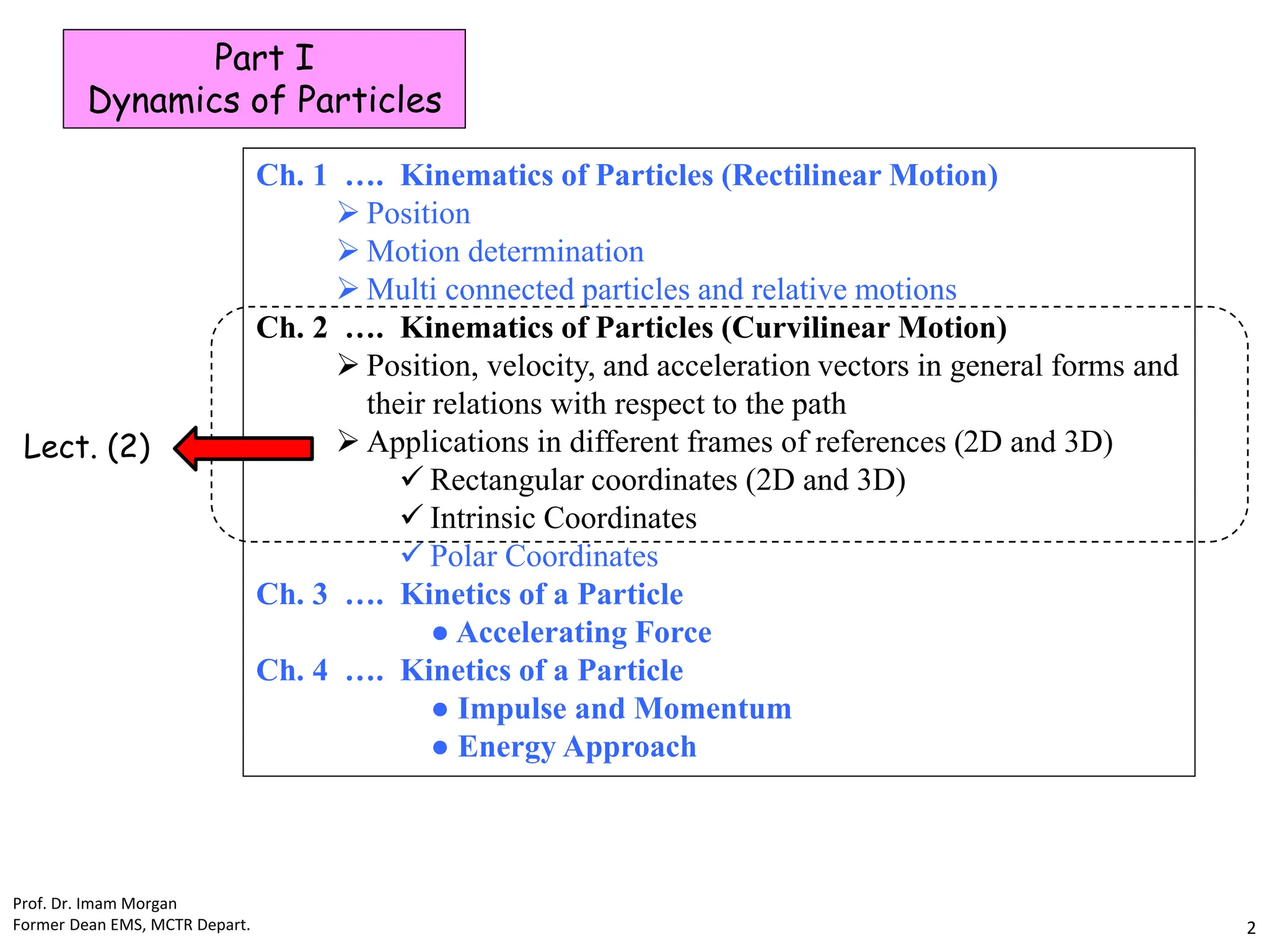Ch. 1 …. Kinematics of Particles (Rectilinear Motion)
 Position
 Motion determination
 Multi connected particles and relative motions
Ch. 2 …. Kinematics of Particles (Curvilinear Motion)
 Position, velocity, and acceleration vectors in general forms and
their relations with respect to the path
 Applications in different frames of references (2D and 3D)
 Rectangular coordinates (2D and 3D)
 Intrinsic Coordinates
 Polar Coordinates
Ch. 3 …. Kinetics of a Particle
● Accelerating Force
Ch. 4 …. Kinetics of a Particle
● Impulse and Momentum
● Energy Approach
Part I
Dynamics of Particles
Lect. (2)
Prof. Dr. Imam Morgan
Former Dean EMS, MCTR Depart. 2
 