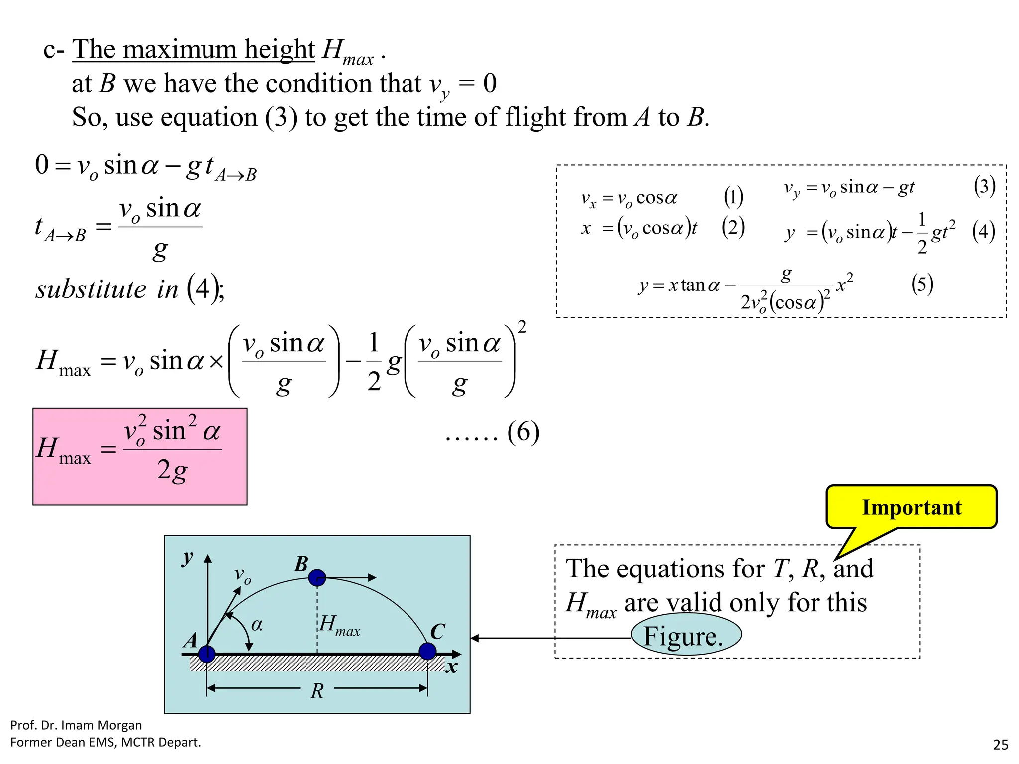 c- The maximum height Hmax .
at B we have the condition that vy = 0
So, use equation (3) to get the time of flight from A to B.
 
g
v
H
g
v
g
g
v
v
H
in
substitute
g
v
t
t
g
v
o
o
o
o
o
B
A
B
A
o
2
sin
sin
2
1
sin
sin
;
4
sin
sin
0
2
2
max
2
max



























…… (6)
The equations for T, R, and
Hmax are valid only for this
Figure.
Important
 
   
2
cos
1
cos
t
v
x
v
v
o
o
x




 
   
4
2
1
sin
3
sin
2
gt
t
v
y
gt
v
v
o
o
y






 
 
5
cos
2
tan 2
2
2
x
v
g
x
y
o 
 

C
B
A
vo
α
R
Hmax
y
x
Prof. Dr. Imam Morgan
Former Dean EMS, MCTR Depart. 25
 