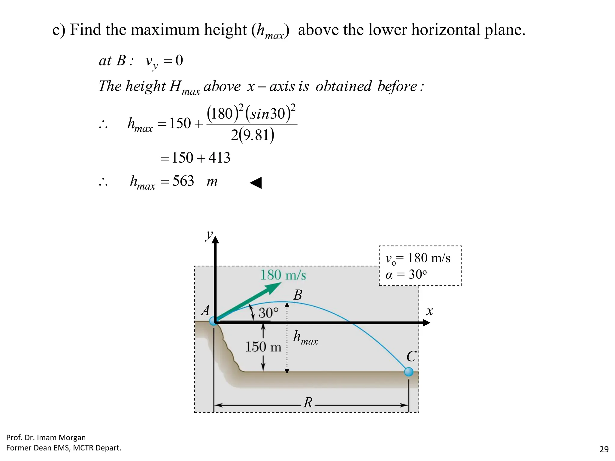 c) Find the maximum height (hmax) above the lower horizontal plane.
   
 
m
h
.
sin
h
:
before
obtained
is
axis
x
above
H
height
The
v
:
B
at
max
max
max
y
563
413
150
81
9
2
30
180
150
0
2
2









◄
R
hmax
C
B
A
y
x
vo= 180 m/s
α = 30o
Prof. Dr. Imam Morgan
Former Dean EMS, MCTR Depart. 29
 
