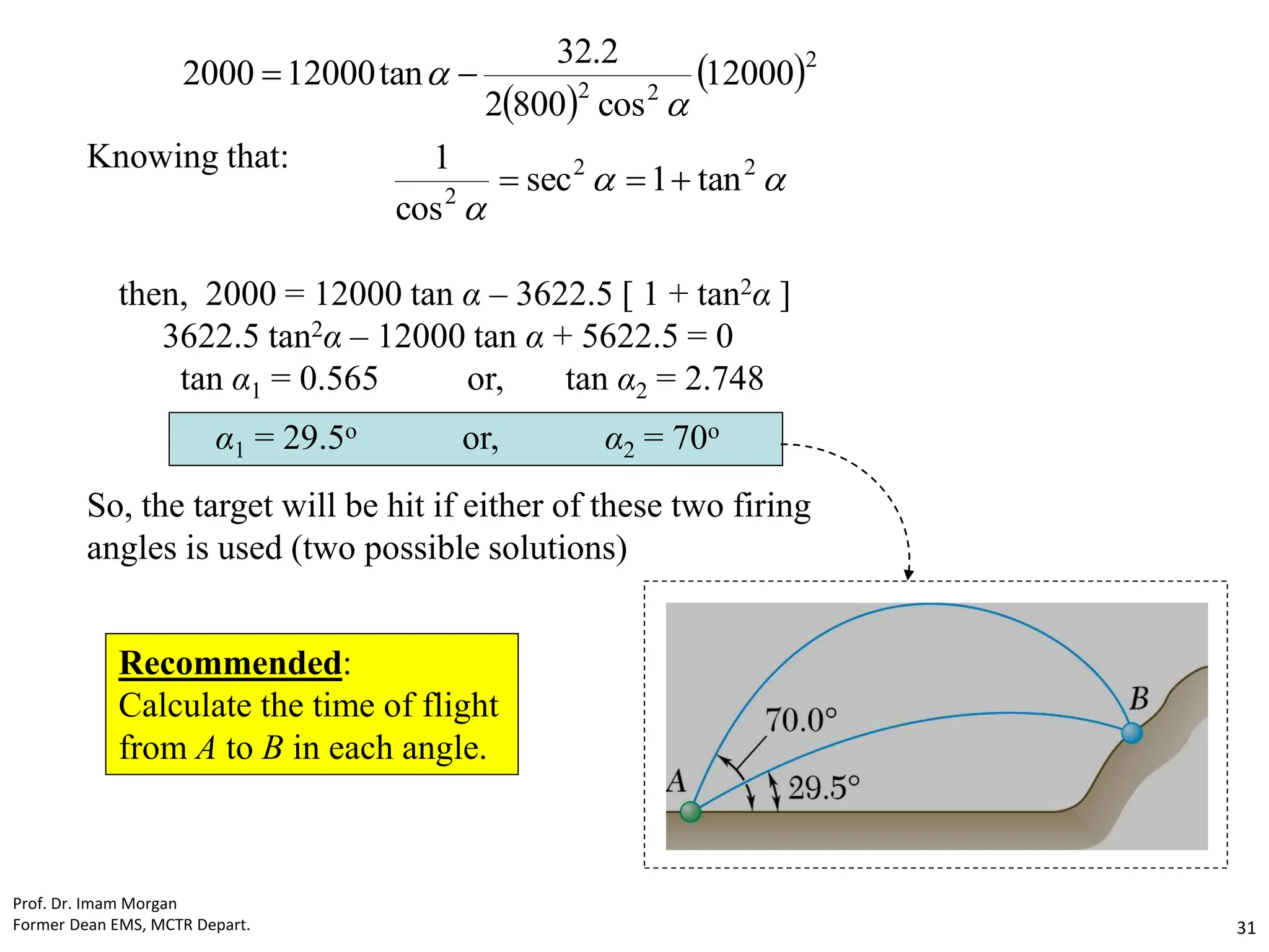  
 2
2
2
12000
cos
800
2
2
.
32
tan
12000
2000

 

Knowing that:



2
2
2
tan
1
sec
cos
1



then, 2000 = 12000 tan α – 3622.5 [ 1 + tan2α ]
3622.5 tan2α – 12000 tan α + 5622.5 = 0
tan α1 = 0.565 or, tan α2 = 2.748
α1 = 29.5o or, α2 = 70o
So, the target will be hit if either of these two firing
angles is used (two possible solutions)
Recommended:
Calculate the time of flight
from A to B in each angle.
Prof. Dr. Imam Morgan
Former Dean EMS, MCTR Depart. 31
 