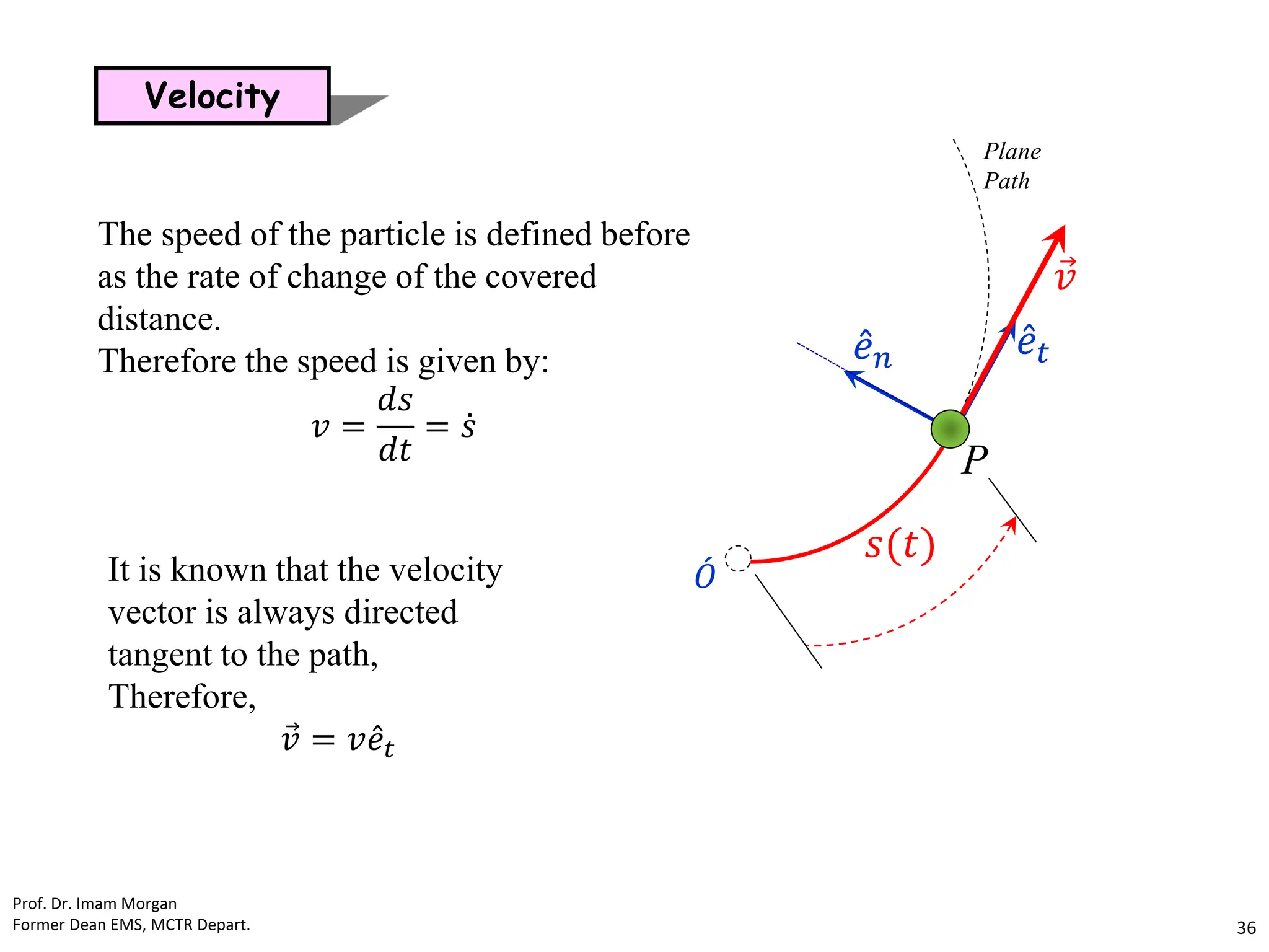 Velocity
Plane
Path
Ƹ
𝑒𝑛 Ƹ
𝑒𝑡
𝑠(𝑡)
ሖ
𝑂
P
Ԧ
𝑣
The speed of the particle is defined before
as the rate of change of the covered
distance.
Therefore the speed is given by:
𝑣 =
𝑑𝑠
𝑑𝑡
= ሶ
𝑠
It is known that the velocity
vector is always directed
tangent to the path,
Therefore,
Ԧ
𝑣 = 𝑣 Ƹ
𝑒𝑡
Prof. Dr. Imam Morgan
Former Dean EMS, MCTR Depart. 36
 