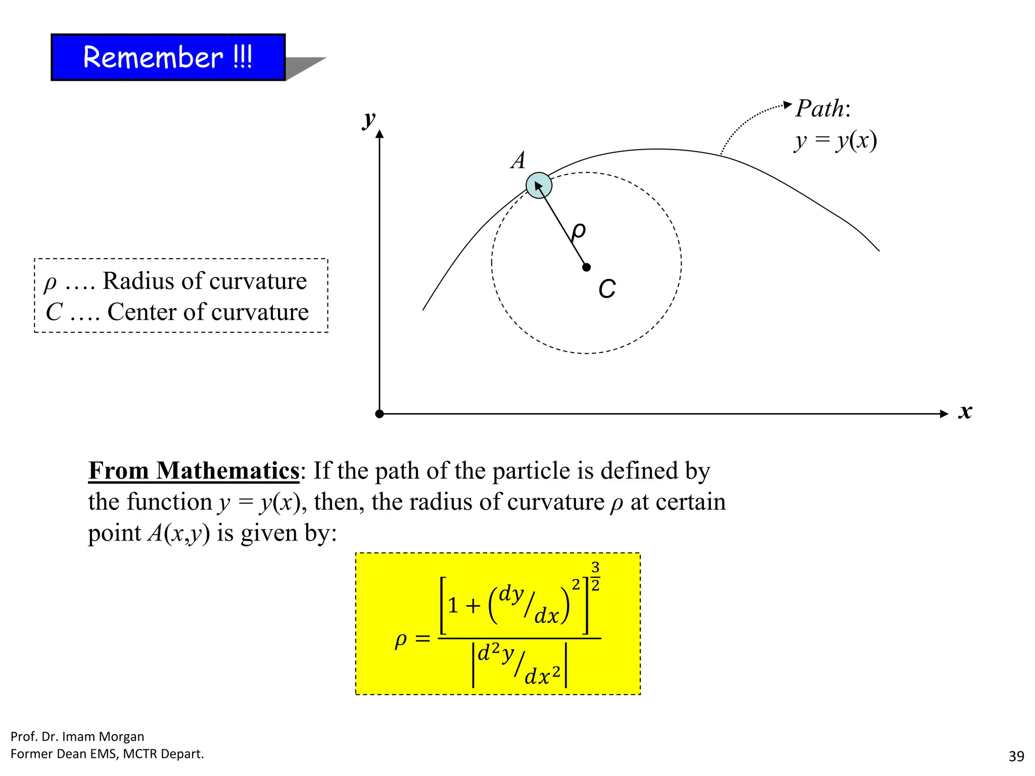 Remember !!!
From Mathematics: If the path of the particle is defined by
the function y = y(x), then, the radius of curvature ρ at certain
point A(x,y) is given by:
Path:
y = y(x)
A
y
x
ρ
C
ρ …. Radius of curvature
C …. Center of curvature
Prof. Dr. Imam Morgan
Former Dean EMS, MCTR Depart. 39
𝜌 =
1 + ൗ
𝑑𝑦
𝑑𝑥
2
3
2
ൗ
𝑑2𝑦
𝑑𝑥2
 