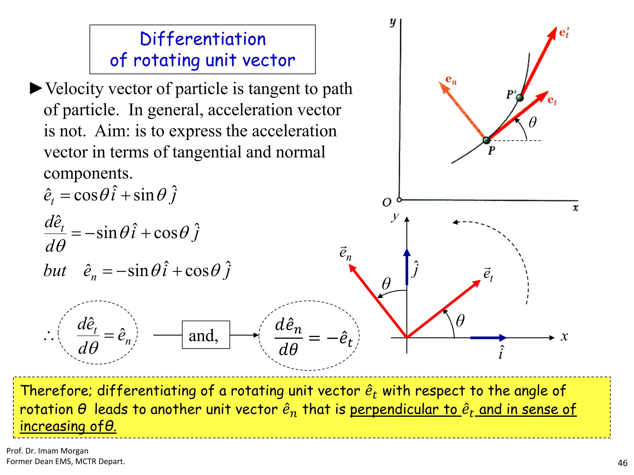 n
t
n
t
t
e
d
e
d
j
i
e
but
j
i
d
e
d
j
i
e
ˆ
ˆ
ˆ
cos
ˆ
sin
ˆ
ˆ
cos
ˆ
sin
ˆ
ˆ
sin
ˆ
cos
ˆ


















i
ˆ
θ
θ
t
e

n
e

y
x
ĵ
θ
►Velocity vector of particle is tangent to path
of particle. In general, acceleration vector
is not. Aim: is to express the acceleration
vector in terms of tangential and normal
components.
Therefore; differentiating of a rotating unit vector Ƹ
𝑒𝑡 with respect to the angle of
rotation θ leads to another unit vector Ƹ
𝑒𝑛 that is perpendicular to Ƹ
𝑒𝑡 and in sense of
increasing ofθ.
Differentiation
of rotating unit vector
𝑑 Ƹ
𝑒𝑛
𝑑𝜃
= − Ƹ
𝑒𝑡
and,
Prof. Dr. Imam Morgan
Former Dean EMS, MCTR Depart. 46
 