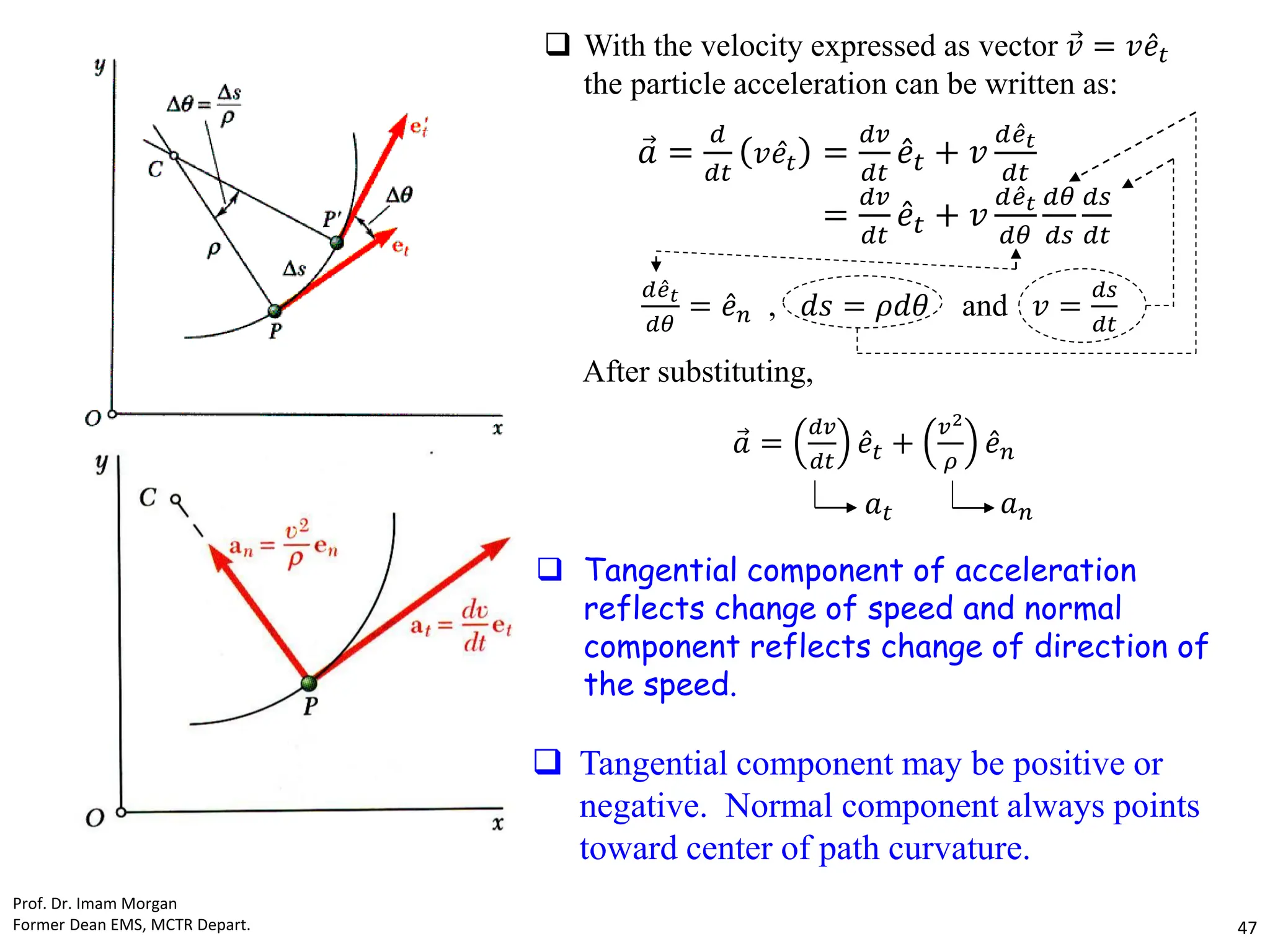 After substituting,
 Tangential component of acceleration
reflects change of speed and normal
component reflects change of direction of
the speed.
 Tangential component may be positive or
negative. Normal component always points
toward center of path curvature.
 With the velocity expressed as vector Ԧ
𝑣 = 𝑣 Ƹ
𝑒𝑡
the particle acceleration can be written as:
Prof. Dr. Imam Morgan
Former Dean EMS, MCTR Depart. 47
Ԧ
𝑎 =
𝑑
𝑑𝑡
𝑣 Ƹ
𝑒𝑡 =
𝑑𝑣
𝑑𝑡
Ƹ
𝑒𝑡 + 𝑣
𝑑 Ƹ
𝑒𝑡
𝑑𝑡
=
𝑑𝑣
𝑑𝑡
Ƹ
𝑒𝑡 + 𝑣
𝑑 Ƹ
𝑒𝑡
𝑑𝜃
𝑑𝜃
𝑑𝑠
𝑑𝑠
𝑑𝑡
𝑑 Ƹ
𝑒𝑡
𝑑𝜃
= Ƹ
𝑒𝑛 , 𝑑𝑠 = 𝜌𝑑𝜃 and 𝑣 =
𝑑𝑠
𝑑𝑡
Ԧ
𝑎 =
𝑑𝑣
𝑑𝑡
Ƹ
𝑒𝑡 +
𝑣2
𝜌
Ƹ
𝑒𝑛
𝑎𝑛
𝑎𝑡
 