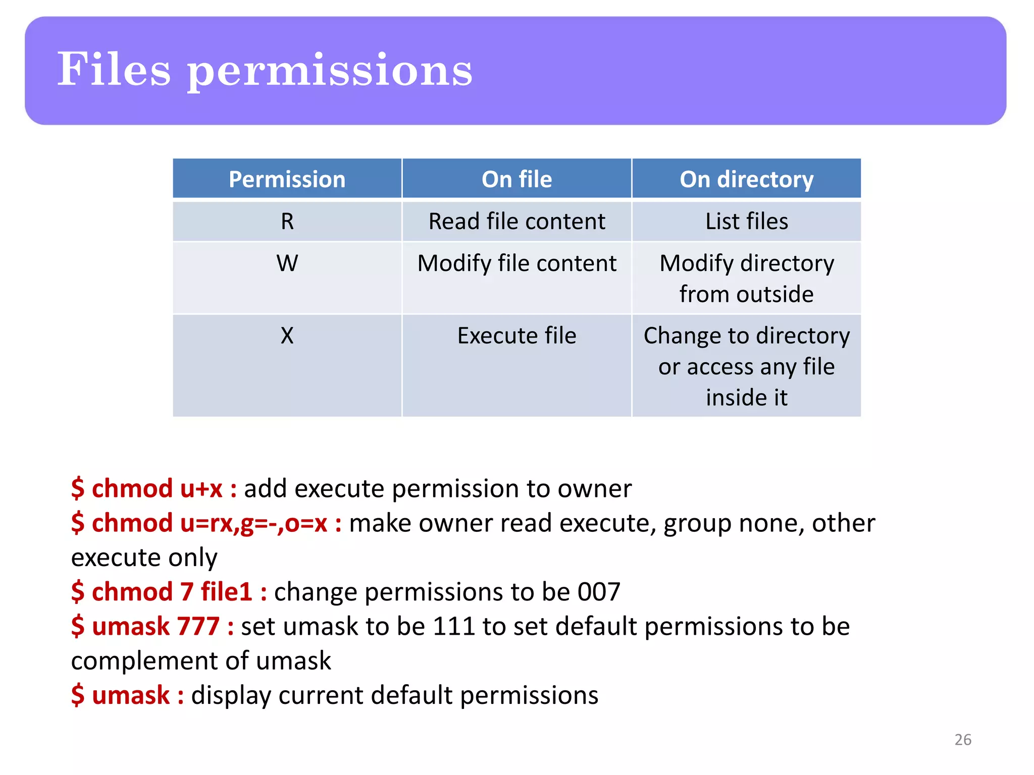 Files permissions Permission On file On directory R Read file content List files W Modify file content Modify directory from outside X Execute file Change to directory or access any file inside it $ chmod u+x : add execute permission to owner $ chmod u=rx,g=-,o=x : make owner read execute, group none, other execute only $ chmod 7 file1 : change permissions to be 007 $ umask 777 : set umask to be 111 to set default permissions to be complement of umask $ umask : display current default permissions 26 