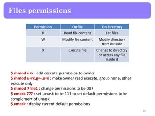 Files permissions
Permission On file On directory
R Read file content List files
W Modify file content Modify directory
from outside
X Execute file Change to directory
or access any file
inside it
$ chmod u+x : add execute permission to owner
$ chmod u=rx,g=-,o=x : make owner read execute, group none, other
execute only
$ chmod 7 file1 : change permissions to be 007
$ umask 777 : set umask to be 111 to set default permissions to be
complement of umask
$ umask : display current default permissions
26
 