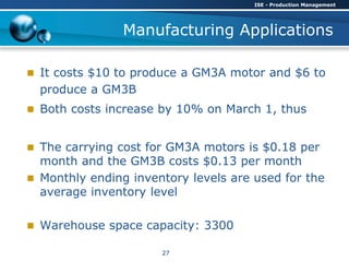 Manufacturing Applications
 It costs $10 to produce a GM3A motor and $6 to
produce a GM3B
 Both costs increase by 10% on March 1, thus
 The carrying cost for GM3A motors is $0.18 per
month and the GM3B costs $0.13 per month
 Monthly ending inventory levels are used for the
average inventory level
 Warehouse space capacity: 3300
ISE - Production Management
27
 
