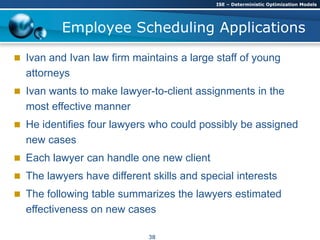  Ivan and Ivan law firm maintains a large staff of young
attorneys
 Ivan wants to make lawyer-to-client assignments in the
most effective manner
 He identifies four lawyers who could possibly be assigned
new cases
 Each lawyer can handle one new client
 The lawyers have different skills and special interests
 The following table summarizes the lawyers estimated
effectiveness on new cases
Employee Scheduling Applications
ISE – Deterministic Optimization Models
38
 