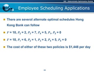 Employee Scheduling Applications
 There are several alternate optimal schedules Hong
Kong Bank can follow
 F = 10, P2 = 2, P3 = 7, P4 = 5, P1, P5 = 0
 F = 10, P1 = 6, P2 = 1, P3 = 2, P4 = 5, P5 = 0
 The cost of either of these two policies is $1,448 per day
ISE – Deterministic Optimization Models
48
 