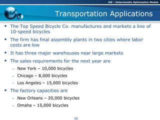 Transportation Applications
 The Top Speed Bicycle Co. manufactures and markets a line of
10-speed bicycles
 The firm has final assembly plants in two cities where labor
costs are low
 It has three major warehouses near large markets
 The sales requirements for the next year are
– New York – 10,000 bicycles
– Chicago – 8,000 bicycles
– Los Angeles – 15,000 bicycles
 The factory capacities are
– New Orleans – 20,000 bicycles
– Omaha – 15,000 bicycles
ISE – Deterministic Optimization Models
50
 