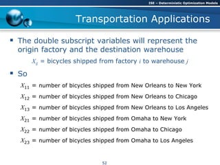 Transportation Applications
 The double subscript variables will represent the
origin factory and the destination warehouse
Xij = bicycles shipped from factory i to warehouse j
 So
X11 = number of bicycles shipped from New Orleans to New York
X12 = number of bicycles shipped from New Orleans to Chicago
X13 = number of bicycles shipped from New Orleans to Los Angeles
X21 = number of bicycles shipped from Omaha to New York
X22 = number of bicycles shipped from Omaha to Chicago
X23 = number of bicycles shipped from Omaha to Los Angeles
ISE – Deterministic Optimization Models
52
 