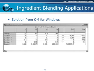 Ingredient Blending Applications
 Solution from QM for Windows
ISE – Deterministic Optimization Models
77
 