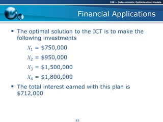 Financial Applications
 The optimal solution to the ICT is to make the
following investments
X1 = $750,000
X2 = $950,000
X3 = $1,500,000
X4 = $1,800,000
 The total interest earned with this plan is
$712,000
ISE – Deterministic Optimization Models
83
 