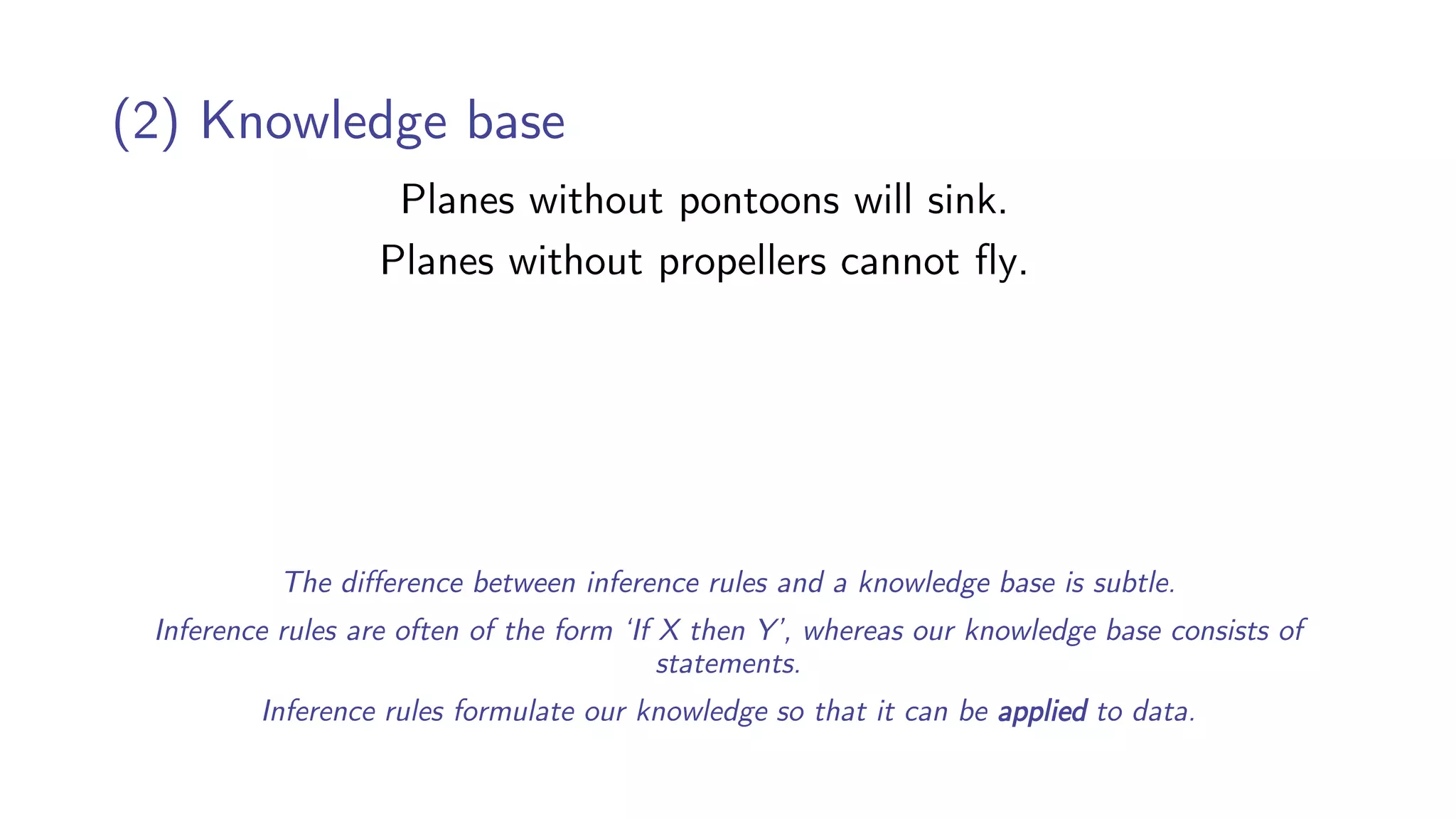 (2) Knowledge base
Planes without pontoons will sink.
Planes without propellers cannot fly.
The difference between inference rules and a knowledge base is subtle.
Inference rules are often of the form ‘If X then Y’, whereas our knowledge base consists of
statements.
Inference rules formulate our knowledge so that it can be applied to data.
 