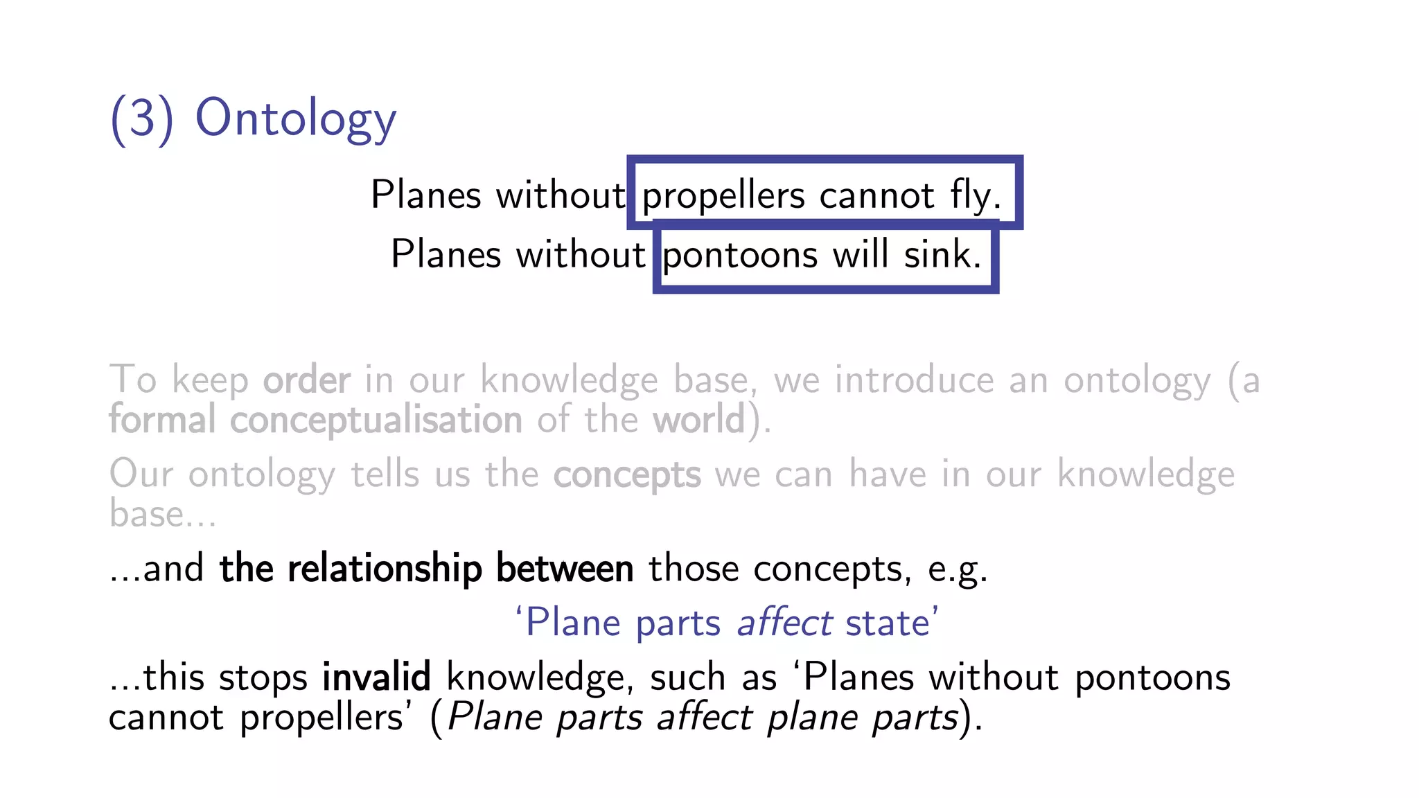 Planes without propellers cannot fly.
Planes without pontoons will sink.
(3) Ontology
To keep order in our knowledge base, we introduce an ontology (a
formal conceptualisation of the world).
Our ontology tells us the concepts we can have in our knowledge
base…
…and the relationship between those concepts, e.g.
‘Plane parts affect state’
…this stops invalid knowledge, such as ‘Planes without pontoons
cannot propellers’ (Plane parts affect plane parts).
 