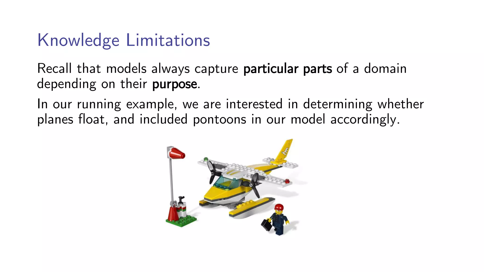 Knowledge Limitations
Recall that models always capture particular parts of a domain
depending on their purpose.
In our running example, we are interested in determining whether
planes float, and included pontoons in our model accordingly.
 