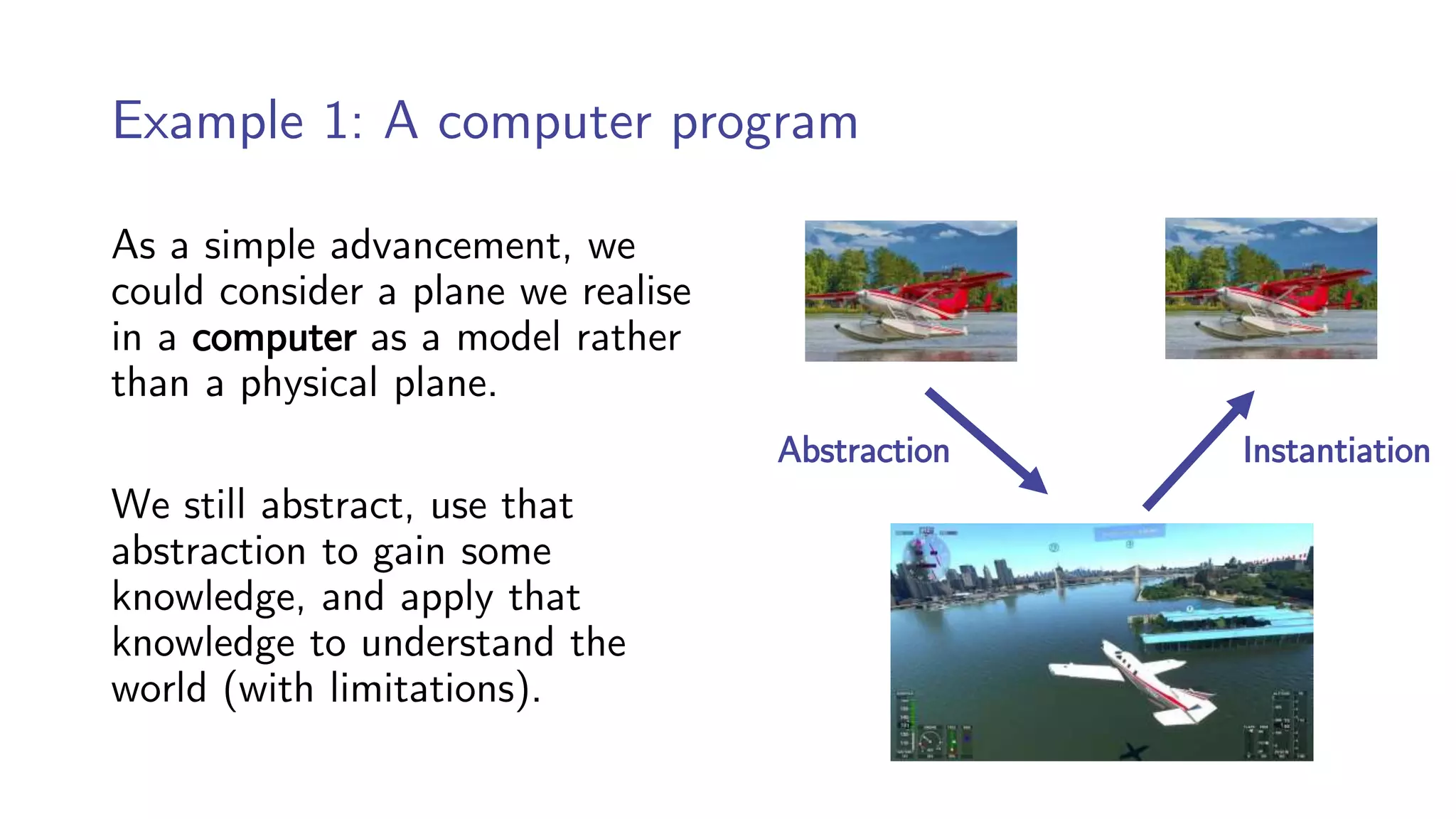 Example 1: A computer program
As a simple advancement, we
could consider a plane we realise
in a computer as a model rather
than a physical plane.
We still abstract, use that
abstraction to gain some
knowledge, and apply that
knowledge to understand the
world (with limitations).
Abstraction Instantiation
 