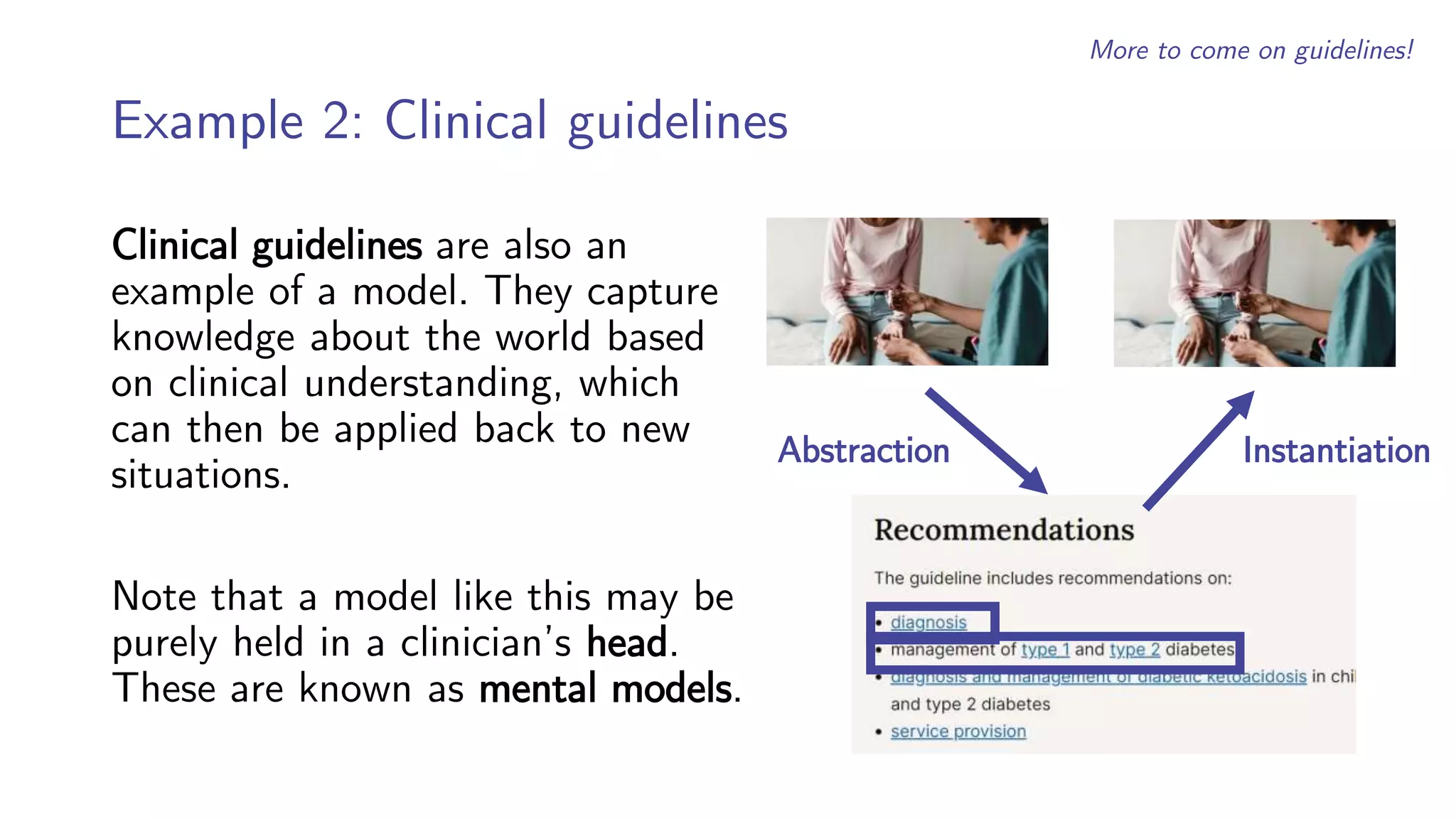 Example 2: Clinical guidelines
Clinical guidelines are also an
example of a model. They capture
knowledge about the world based
on clinical understanding, which
can then be applied back to new
situations.
Note that a model like this may be
purely held in a clinician’s head.
These are known as mental models.
Abstraction Instantiation
More to come on guidelines!
 