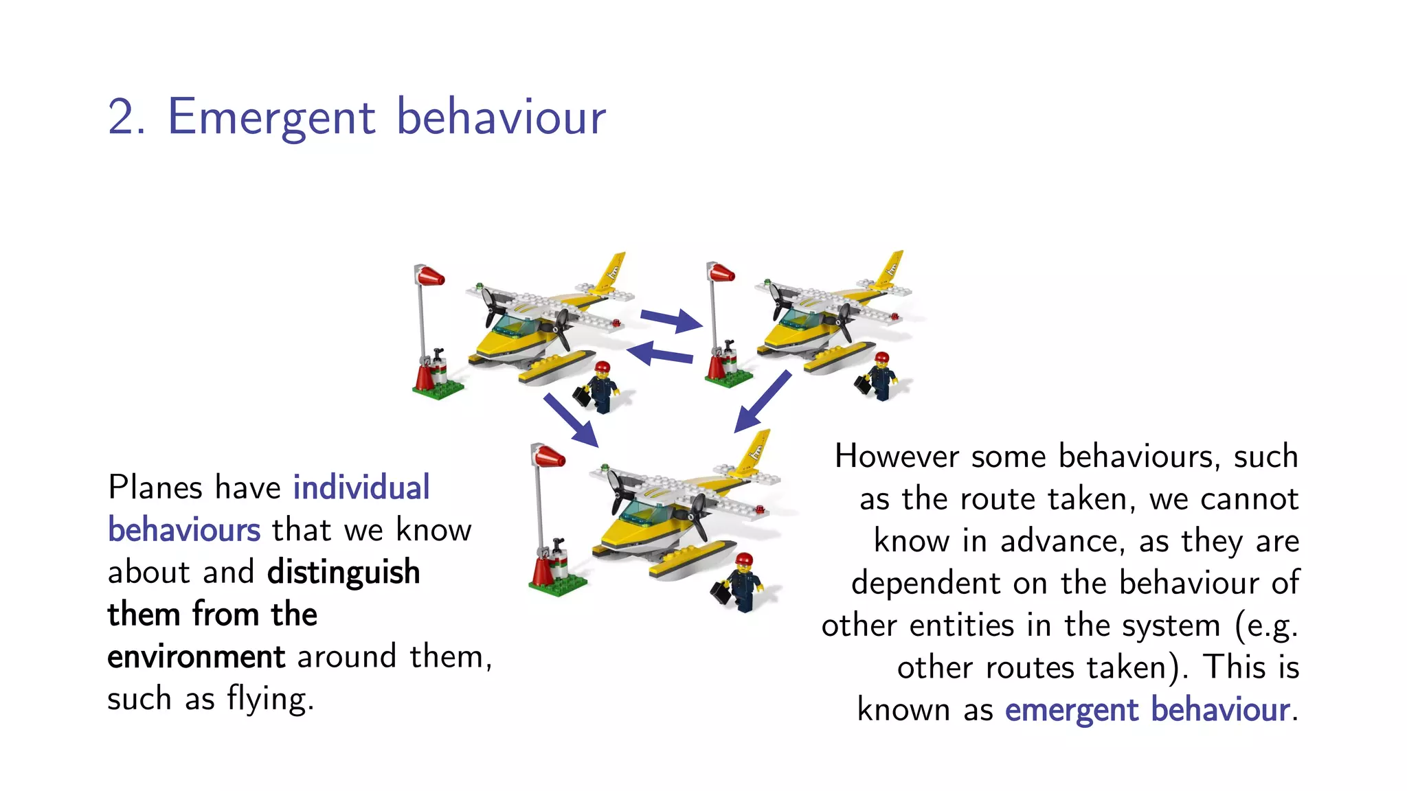2. Emergent behaviour
Planes have individual
behaviours that we know
about and distinguish
them from the
environment around them,
such as flying.
However some behaviours, such
as the route taken, we cannot
know in advance, as they are
dependent on the behaviour of
other entities in the system (e.g.
other routes taken). This is
known as emergent behaviour.
 