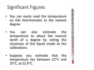 Significant Figures
• You can easily read the temperature
on this thermometer to the nearest
degree.
• You can also estimate the
temperature to about the nearest
tenth of a degree by noting the
closeness of the liquid inside to the
calibrations.
• Suppose you estimate that the
temperature lies between 22°C and
23°C, at 22.9°C.
 