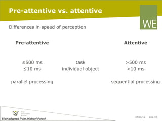 Pre-attentive vs. attentive
Differences in speed of perception
Pre-attentive

≤500 ms
≤10 ms
parallel processing

Slide	
  adapted	
  from	
  Michael	
  Porath	
  	
  	
  

Attentive

task
individual object

>500 ms
>10 ms
sequential processing

27/02/14

pag. 10

 