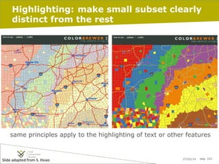 Highlighting: make small subset clearly
distinct from the rest

same principles apply to the highlighting of text or other features

Slide	
  adapted	
  from	
  S.	
  Hsiao	
  

27/02/14

pag. 101

 