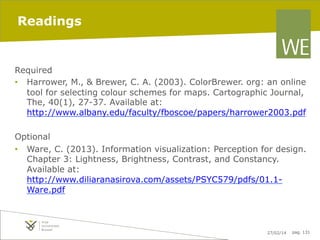 Readings

Required
•  Harrower, M., & Brewer, C. A. (2003). ColorBrewer. org: an online
tool for selecting colour schemes for maps. Cartographic Journal,
The, 40(1), 27-37. Available at:
http://www.albany.edu/faculty/fboscoe/papers/harrower2003.pdf
Optional
•  Ware, C. (2013). Information visualization: Perception for design.
Chapter 3: Lightness, Brightness, Contrast, and Constancy.
Available at:
http://www.diliaranasirova.com/assets/PSYC579/pdfs/01.1Ware.pdf

	
  
27/02/14

pag. 131

 