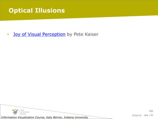 Optical Illusions

•  Joy of Visual Perception by Pete Kaiser

132
Information Visualization Course, Katy Börner, Indiana University

27/02/14

pag. 132

 
