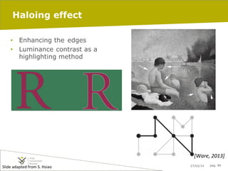 Haloing effect
•  Enhancing the edges
•  Luminance contrast as a
highlighting method

[Ware,	
  2013]	
  
Slide	
  adapted	
  from	
  S.	
  Hsiao	
  

27/02/14

pag. 99

 