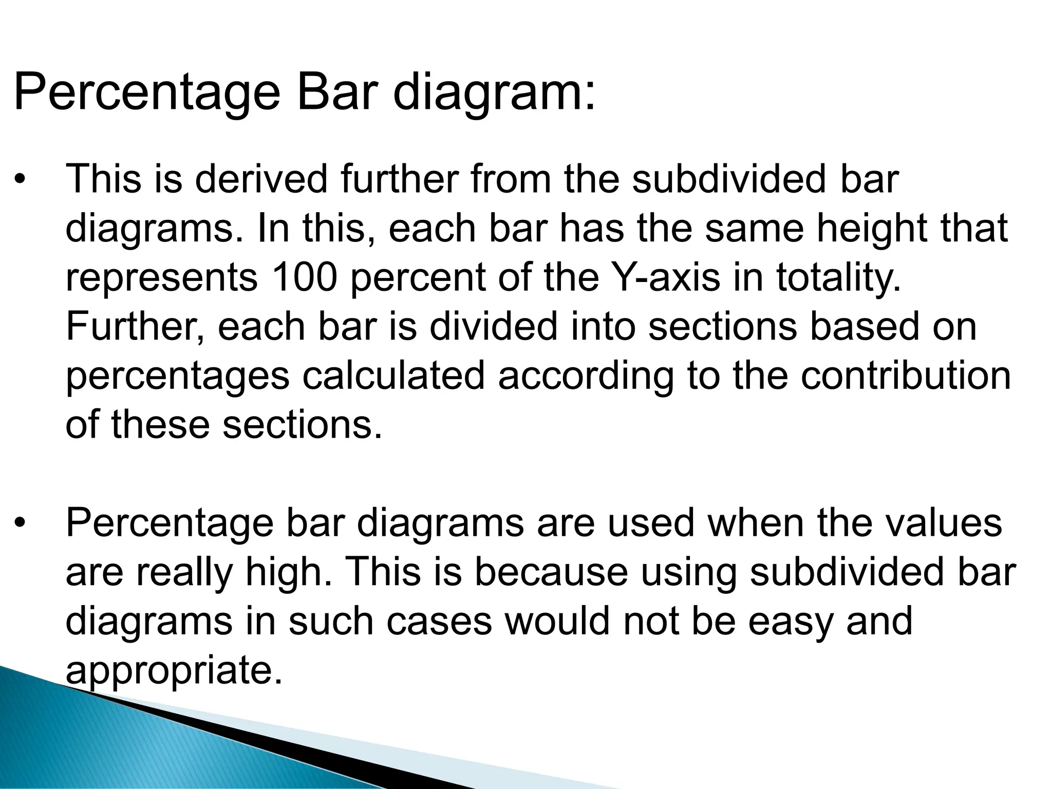 Percentage Bar diagram:
• This is derived further from the subdivided bar
diagrams. In this, each bar has the same height that
represents 100 percent of the Y-axis in totality.
Further, each bar is divided into sections based on
percentages calculated according to the contribution
of these sections.
• Percentage bar diagrams are used when the values
are really high. This is because using subdivided bar
diagrams in such cases would not be easy and
appropriate.
 
