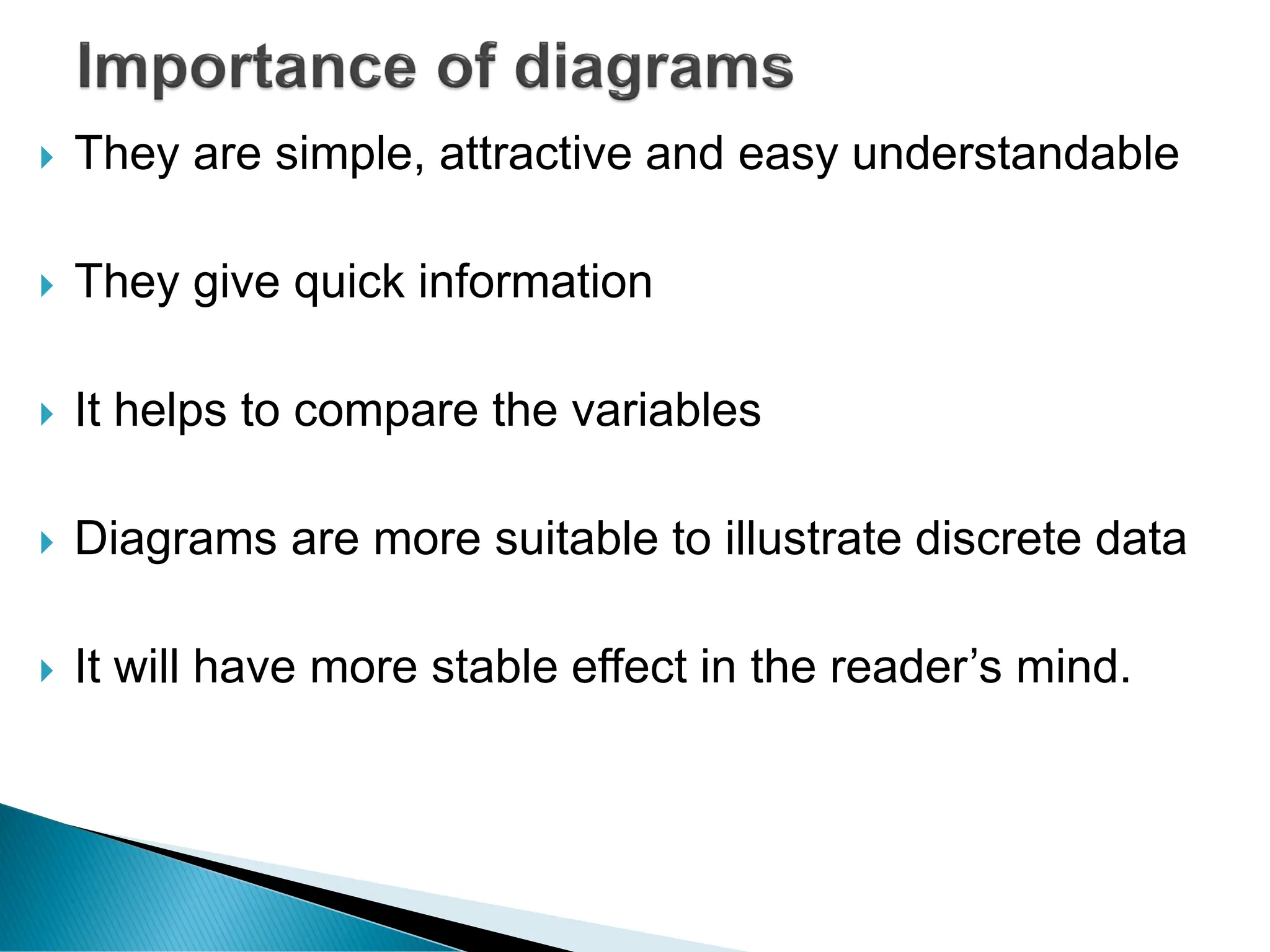  They are simple, attractive and easy understandable
 They give quick information
 It helps to compare the variables
 Diagrams are more suitable to illustrate discrete data
 It will have more stable effect in the reader’s mind.
 