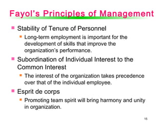 15
Fayol’s Principles of Management
 Stability of Tenure of Personnel
 Long-term employment is important for the
development of skills that improve the
organization’s performance.
 Subordination of Individual Interest to the
Common Interest
 The interest of the organization takes precedence
over that of the individual employee.
 Esprit de corps
 Promoting team spirit will bring harmony and unity
in organization.
 