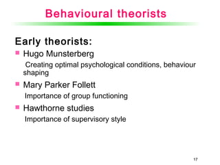1717
Behavioural theorists
Early theorists:
 Hugo Munsterberg
Creating optimal psychological conditions, behaviour
shaping
 Mary Parker Follett
Importance of group functioning
 Hawthorne studies
Importance of supervisory style
 