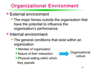 27
Organizational Environment
 External environment
 The major forces outside the organization that
have the potential to influence the
organization’s performance.
 Internal environment
 The general conditions that exist within an
organization
 Member of organization
 Nature of their interaction
 Physical setting within which
they operate
Organizational
culture
 