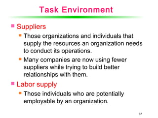 37
Task Environment
 Suppliers
 Those organizations and individuals that
supply the resources an organization needs
to conduct its operations.
 Many companies are now using fewer
suppliers while trying to build better
relationships with them.
 Labor supply
 Those individuals who are potentially
employable by an organization.
37
 