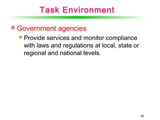 38
Task Environment
 Government agencies
 Provide services and monitor compliance
with laws and regulations at local, state or
regional and national levels.
38
 