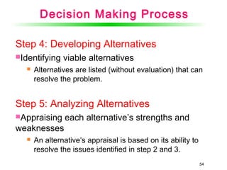 54
Step 4: Developing Alternatives
Identifying viable alternatives
 Alternatives are listed (without evaluation) that can
resolve the problem.
Step 5: Analyzing Alternatives
Appraising each alternative’s strengths and
weaknesses
 An alternative’s appraisal is based on its ability to
resolve the issues identified in step 2 and 3.
Decision Making Process
 