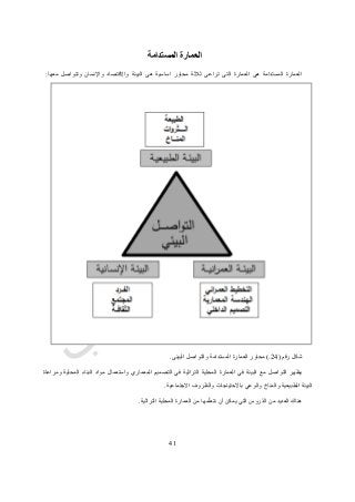 20
‫المستدامة‬ ‫العمارة‬
‫اس‬ ‫محاور‬ ‫ثالثة‬ ‫تراعى‬ ‫التى‬ ‫العمارة‬ ‫هى‬ ‫المستدامة‬ ‫العمارة‬‫معها‬ ‫وتتواصل‬ ‫واإلنسان‬ ‫واالقتصاد‬ ‫البيئة‬ ‫هى‬ ‫اسية‬:
‫رقم‬ ‫شكل‬(24.)‫البيئى‬ ‫والتواصل‬ ‫المستدامة‬ ‫العمارة‬ ‫محاور‬.
‫ومراعاة‬ ‫المحلية‬ ‫البناء‬ ‫مواد‬ ‫واستعمال‬ ‫المعماري‬ ‫التصميم‬ ‫في‬ ‫التراثية‬ ‫المحلية‬ ‫العمارة‬ ‫في‬ ‫البيئة‬ ‫مع‬ ‫التواصل‬ ‫يظهر‬
‫باال‬ ‫والوعي‬ ‫والمناخ‬ ‫الطبيعية‬ ‫البيئة‬‫االجتماعية‬ ‫والظروف‬ ‫حتياجات‬.
‫مه‬ّ‫ل‬‫نتع‬ ‫أن‬ ‫يمكن‬ ‫التي‬ ‫روس‬ّ‫د‬‫ال‬ ‫من‬ ‫العديد‬ ‫هناك‬‫التراثية‬ ‫المحلية‬ ‫العمارة‬ ‫من‬ ‫ا‬.
 