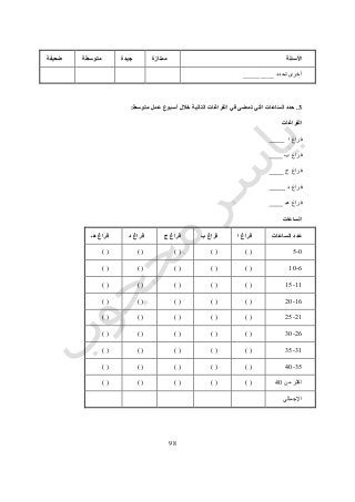 71
‫األسئلة‬‫ممتازة‬‫جيدة‬‫متوسط‬‫ة‬‫ضعيفة‬
‫تحدد‬ ‫أخرى‬_________
3.‫متوسط‬ ‫عمل‬ ‫أسبوع‬ ‫خالل‬ ‫التالية‬ ‫الفراغات‬ ‫في‬ ‫تمضى‬ ‫التي‬ ‫اعات‬ّ‫س‬‫ال‬ ‫حدد‬:
‫الفراغا‬‫ت‬
‫ا‬ ‫فراغ‬
‫ب‬ ‫فراغ‬
‫ج‬ ‫فراغ‬
‫د‬ ‫فراغ‬
‫هـ‬ ‫فراغ‬
‫الساعات‬
‫الساعات‬ ‫عدد‬‫ا‬ ‫فراغ‬‫ب‬ ‫فراغ‬‫ج‬ ‫فراغ‬‫د‬ ‫فراغ‬‫هـ‬ ‫فراغ‬
1-5) () () () () (
6-01) () () () () (
00-05) () () () () (
06-41) () () () () (
40-45) () () () () (
46-31) () () () () (
30-35) () () () () (
35-21) () () () () (
‫من‬ ‫اكثر‬21) () () () () (
‫اإلجمالي‬
 