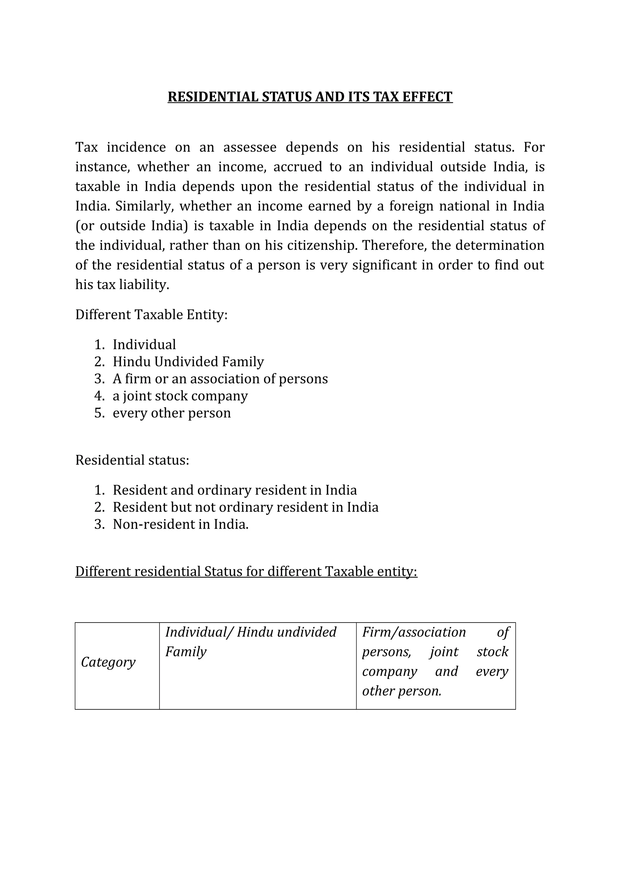 RESIDENTIAL STATUS AND ITS TAX EFFECT 
Tax incidence on an assessee depends on his residential status. For 
instance, whether an income, accrued to an individual outside India, is 
taxable in India depends upon the residential status of the individual in 
India. Similarly, whether an income earned by a foreign national in India 
(or outside India) is taxable in India depends on the residential status of 
the individual, rather than on his citizenship. Therefore, the determination 
of the residential status of a person is very significant in order to find out 
his tax liability. 
Different Taxable Entity: 
1. Individual 
2. Hindu Undivided Family 
3. A firm or an association of persons 
4. a joint stock company 
5. every other person 
Residential status: 
1. Resident and ordinary resident in India 
2. Resident but not ordinary resident in India 
3. Non-resident in India. 
Different residential Status for different Taxable entity: 
Category 
Individual/ Hindu undivided 
Family 
Firm/association of 
persons, joint stock 
company and every 
other person. 
 