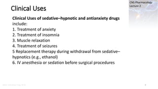 Marc Imhotep Cray, M.D.
CNS Pharmacology
Lecture 2
Clinical Uses
8
Clinical Uses of sedative–hypnotic and antianxiety drug...