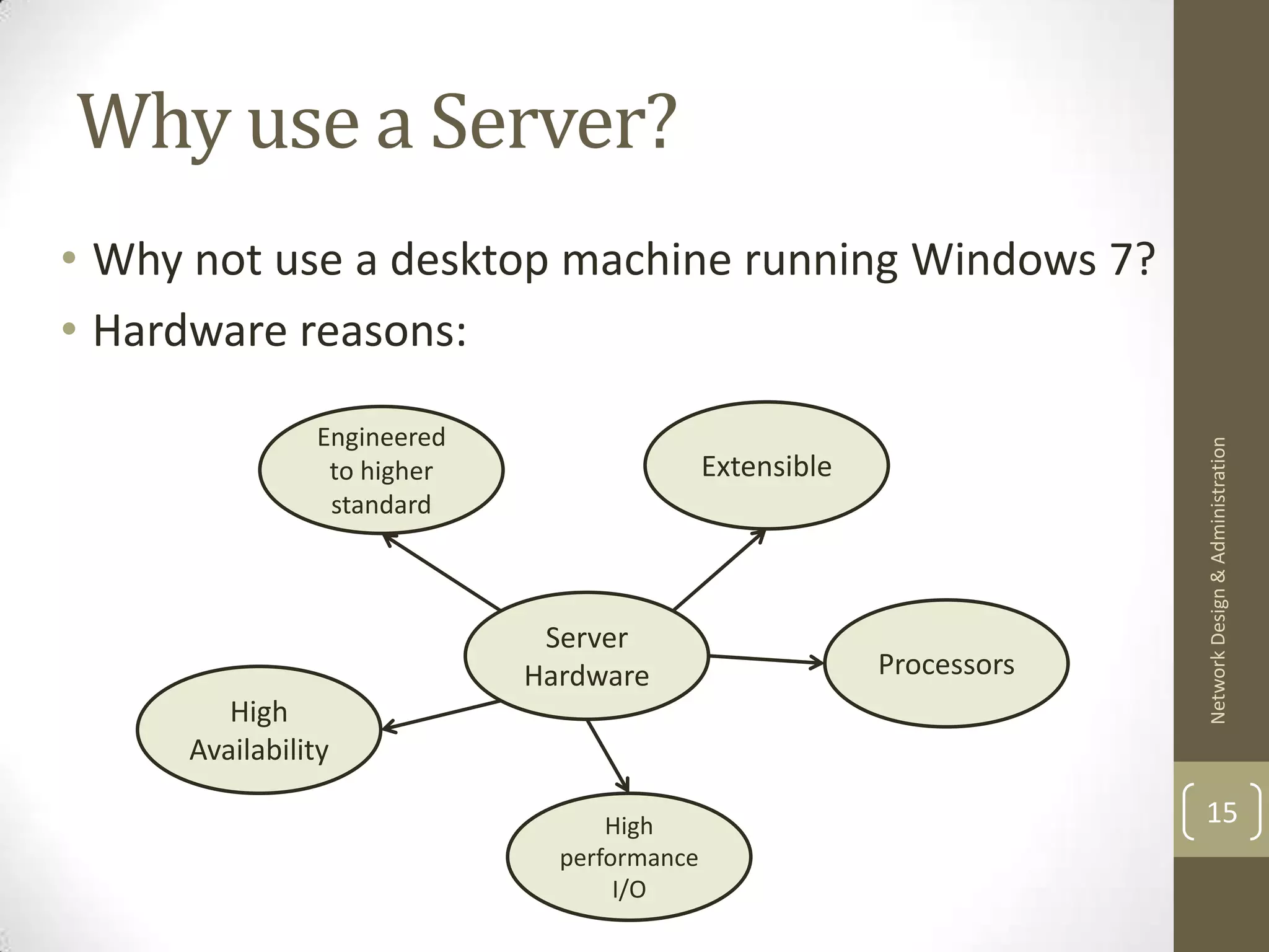 Why use a Server?
• Why not use a desktop machine running Windows 7?
• Hardware reasons:

               Engineered




                                                                      Network Design & Administration
                to higher                   Extensible
                standard



                             Server
                            Hardware                     Processors
        High
     Availability

                                  High                                15
                              performance
                                   I/O
 